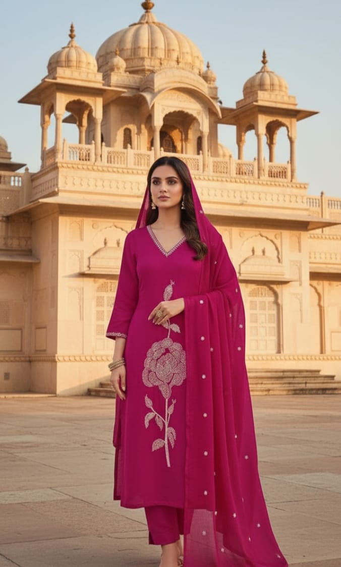 Premium Cotton Suits with Detailing works, Embroidery work detail on yoke, 3 Pc. Set