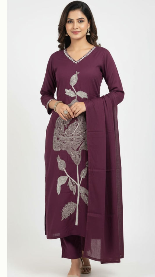 Premium & Rich Cotton Suits with Detailing works, Embroidery work detail on yoke in suit, 3 Pc. Set