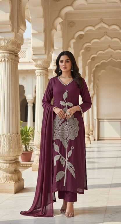 Premium & Rich Cotton Suits with Detailing works, Embroidery work detail on yoke in suit, 3 Pc. Set