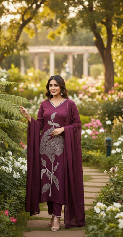 Premium & Rich Cotton Suits with Detailing works, Embroidery work detail on yoke in suit, 3 Pc. Set