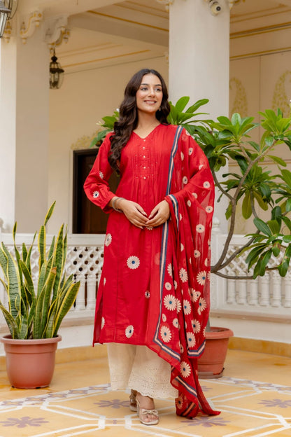 Elegant Red Cotton 3-Piece Suit with Floral Print Dupatta