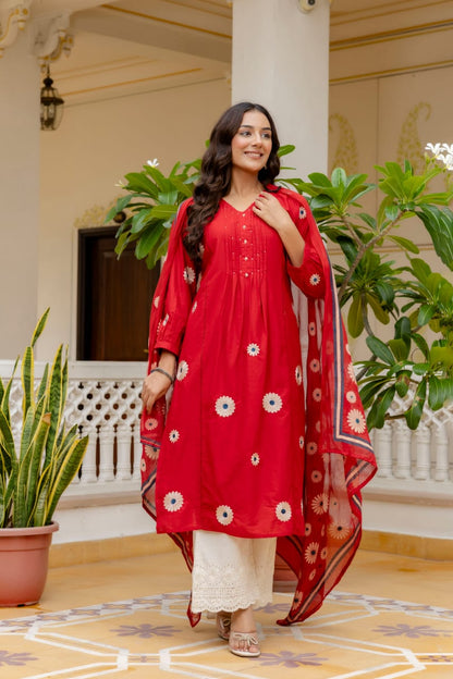 Elegant Red Cotton 3-Piece Suit with Floral Print Dupatta