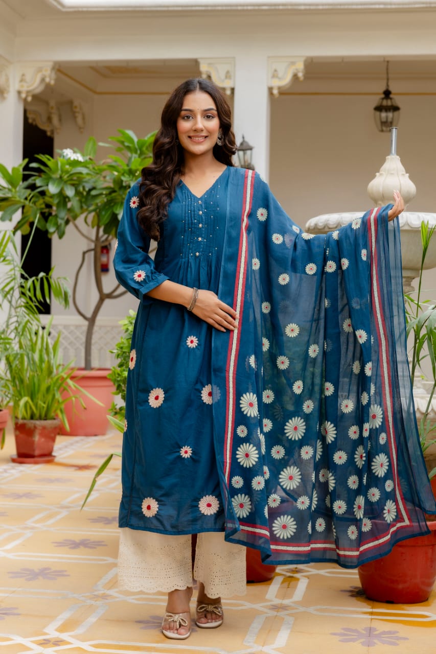 Graceful Teal Blue Cotton 3-Piece Suit with Floral Dupatta