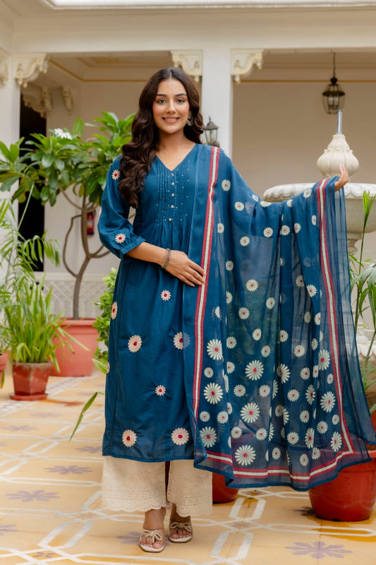 Graceful Teal Blue Cotton 3-Piece Suit with Floral Dupatta