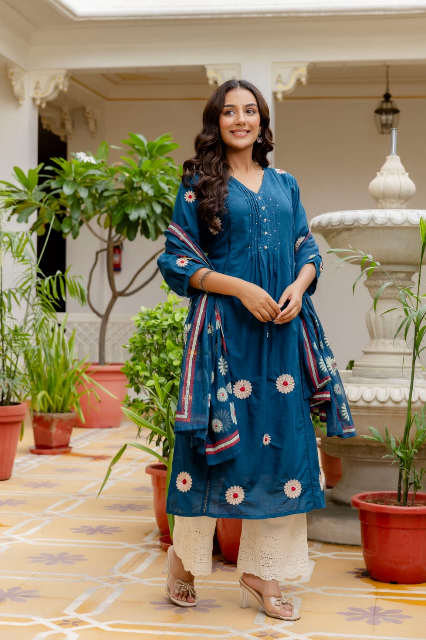 Graceful Teal Blue Cotton 3-Piece Suit with Floral Dupatta