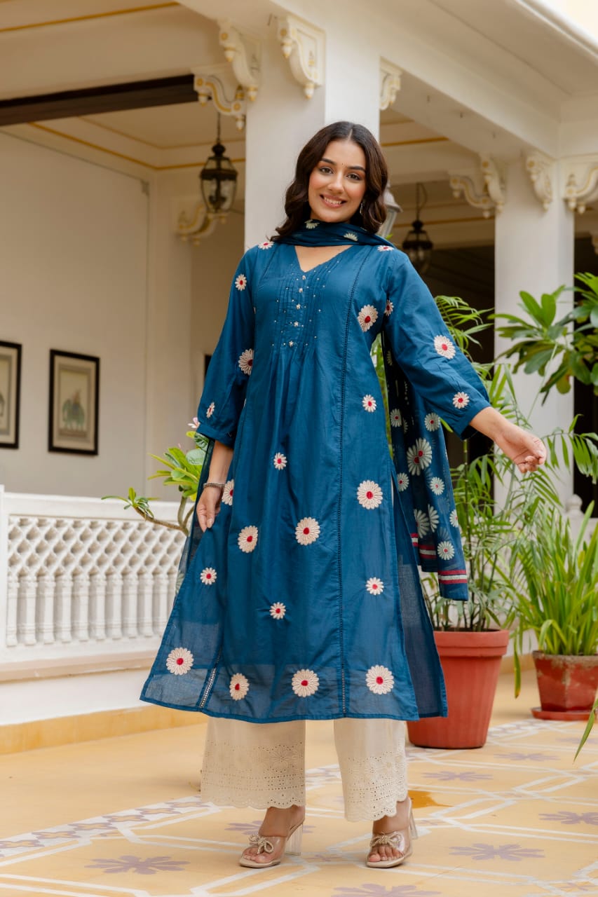Graceful Teal Blue Cotton 3-Piece Suit with Floral Dupatta