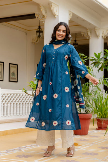 Graceful Teal Blue Cotton 3-Piece Suit with Floral Dupatta