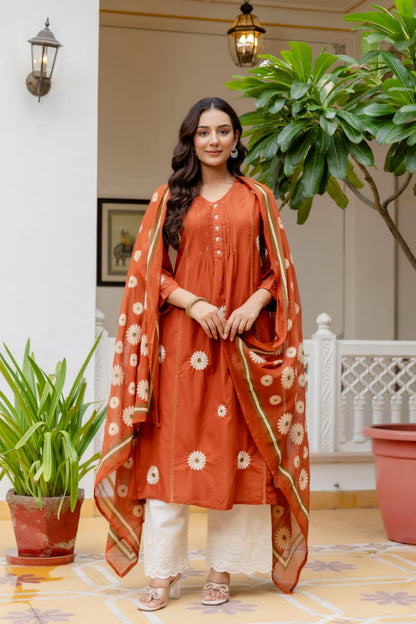 Rust Orange Cotton 3-Piece Suit with Elegant Floral Dupatta