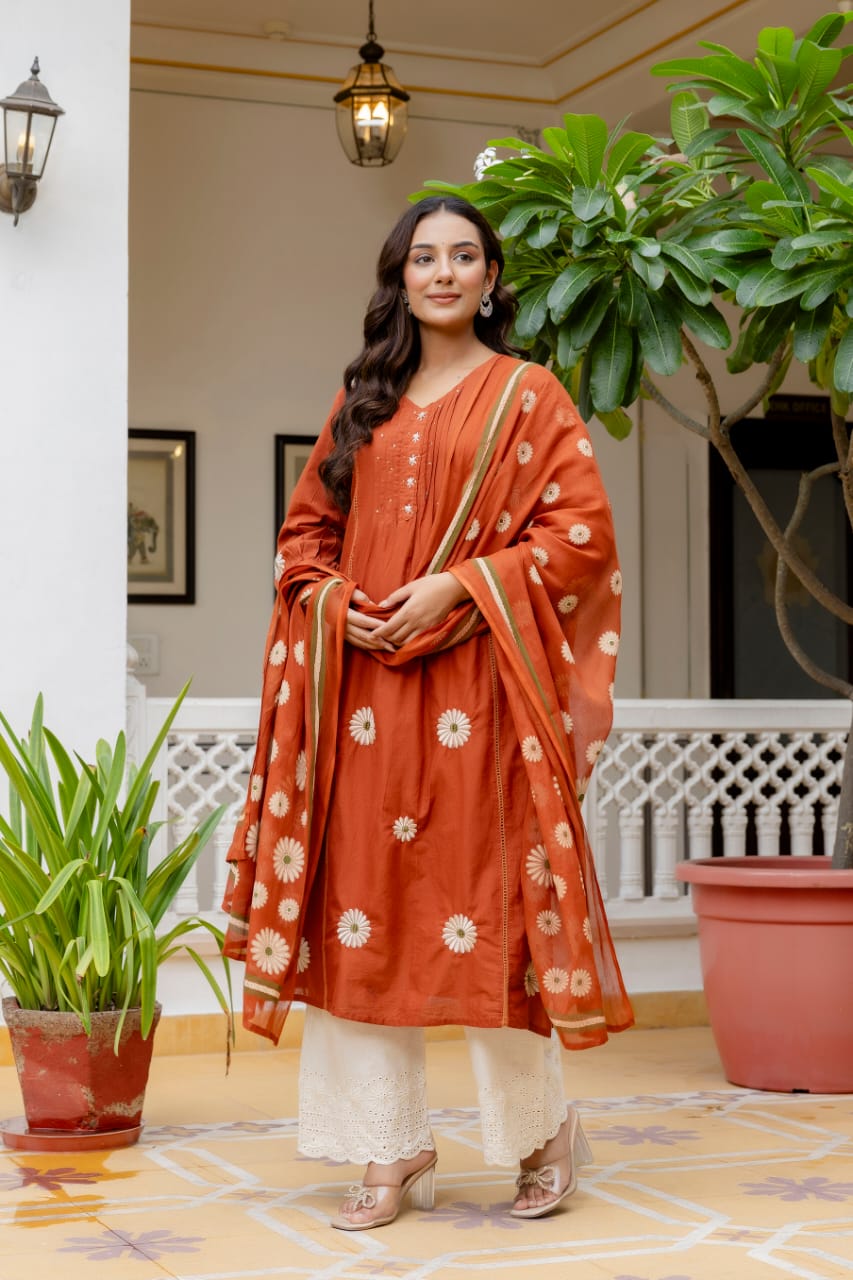 Rust Orange Cotton 3-Piece Suit with Elegant Floral Dupatta