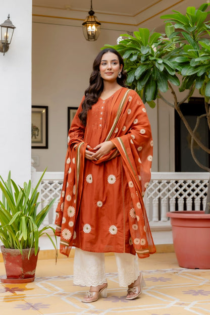 Rust Orange Cotton 3-Piece Suit with Elegant Floral Dupatta