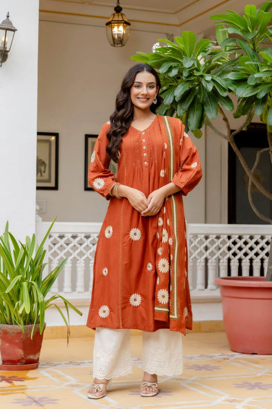 Rust Orange Cotton 3-Piece Suit with Elegant Floral Dupatta