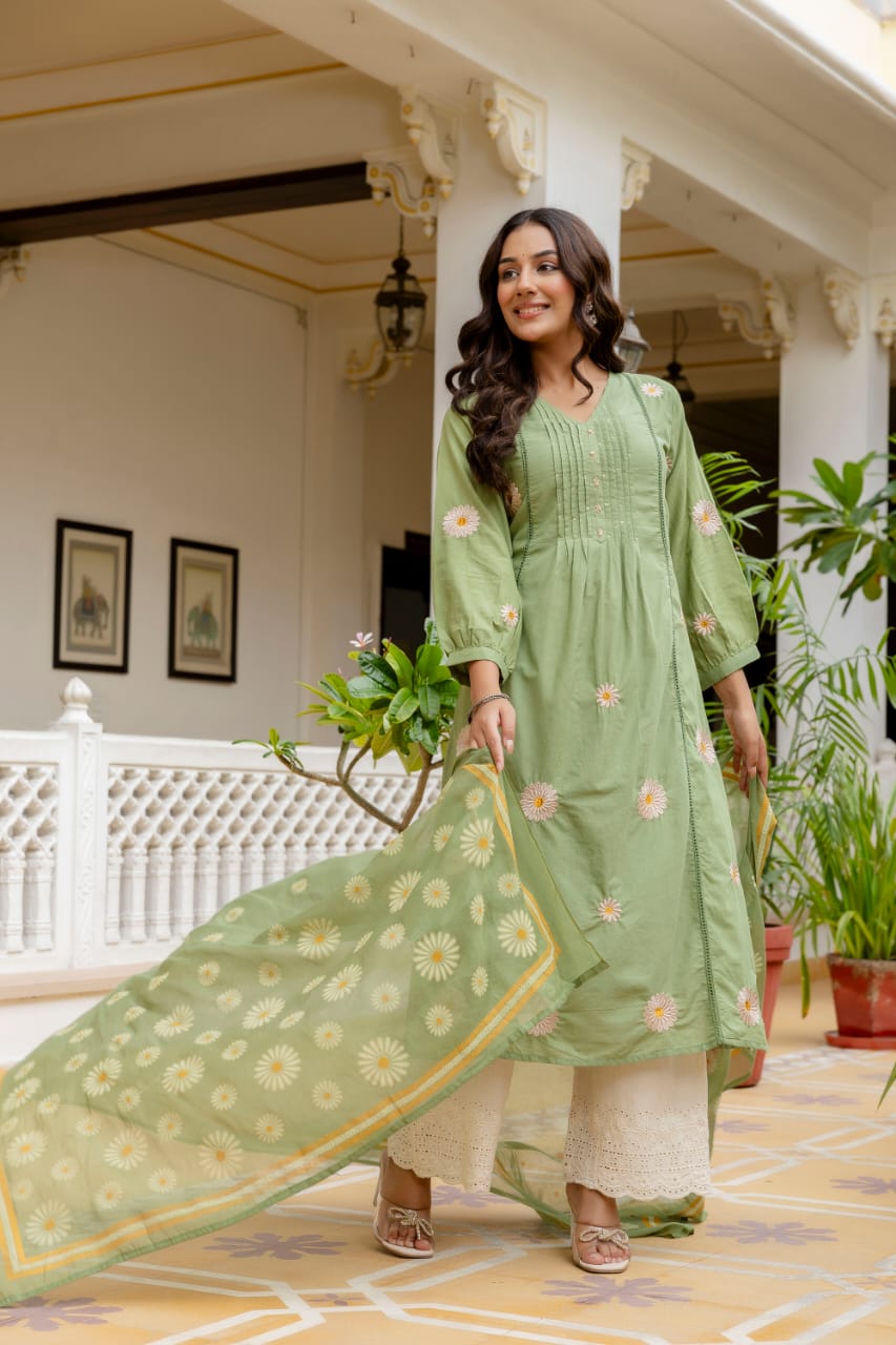 Pastel Green Cotton 3-Piece Suit with Floral Printed Dupatta