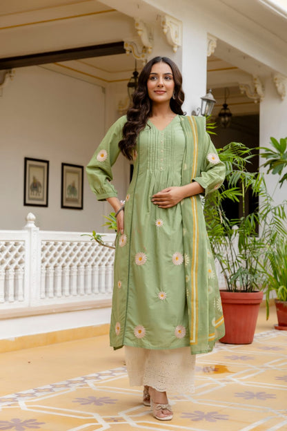 Pastel Green Cotton 3-Piece Suit with Floral Printed Dupatta