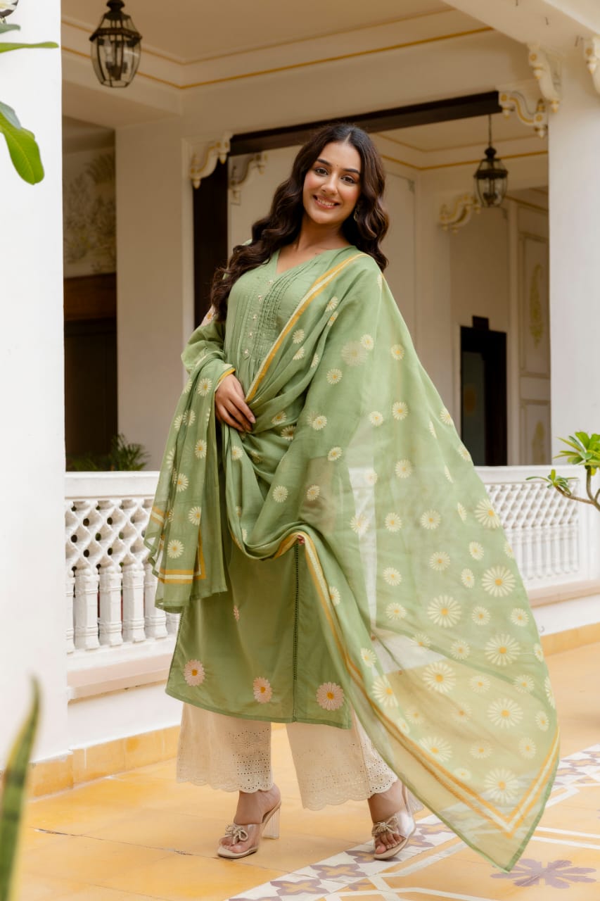Pastel Green Cotton 3-Piece Suit with Floral Printed Dupatta