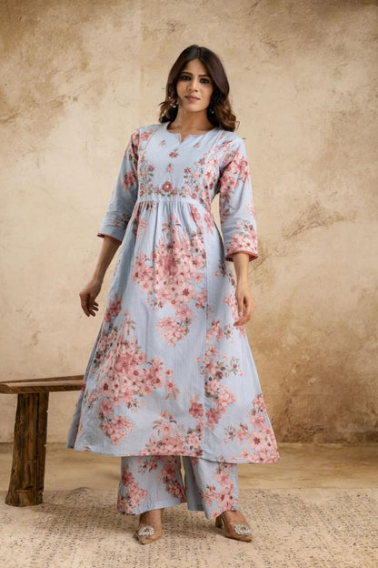 Sky Blue Floral Print Anarkali Mul Cotton Fabric Suit Set