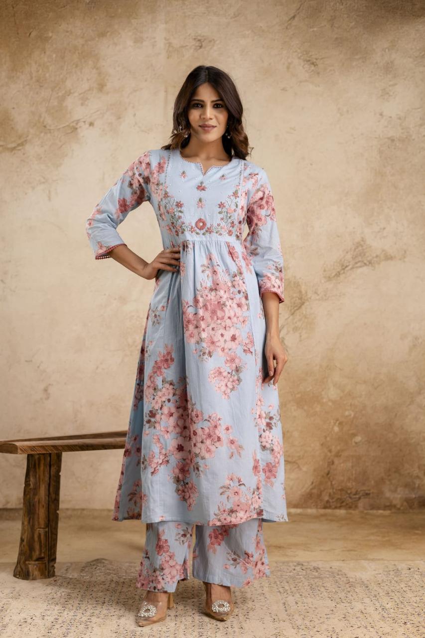 Sky Blue Floral Print Anarkali Mul Cotton Fabric Suit Set