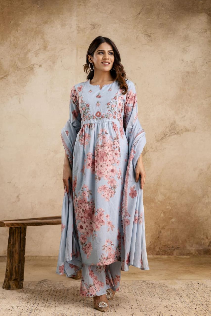 Sky Blue Floral Print Anarkali Mul Cotton Fabric Suit Set