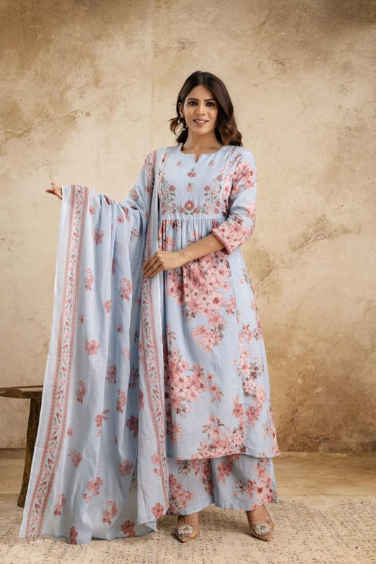 Sky Blue Floral Print Anarkali Mul Cotton Fabric Suit Set