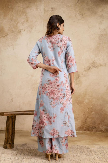 Sky Blue Floral Print Anarkali Mul Cotton Fabric Suit Set