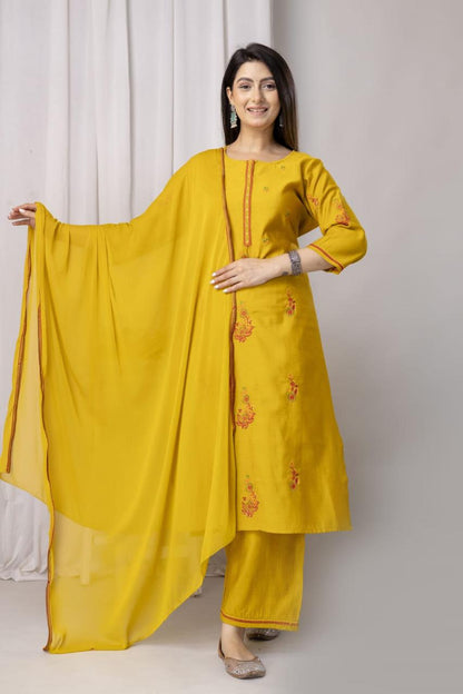 Mustard Yellow Straight-Cut Suit with Subtle Embroidery