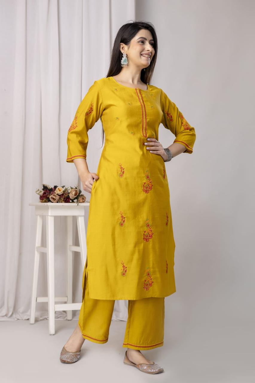 Mustard Yellow Straight-Cut Suit with Subtle Embroidery