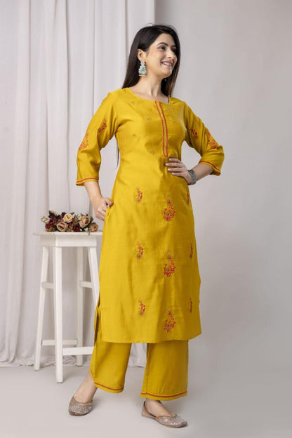 Mustard Yellow Straight-Cut Suit with Subtle Embroidery