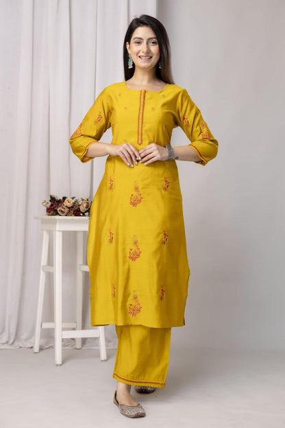 Mustard Yellow Straight-Cut Suit with Subtle Embroidery