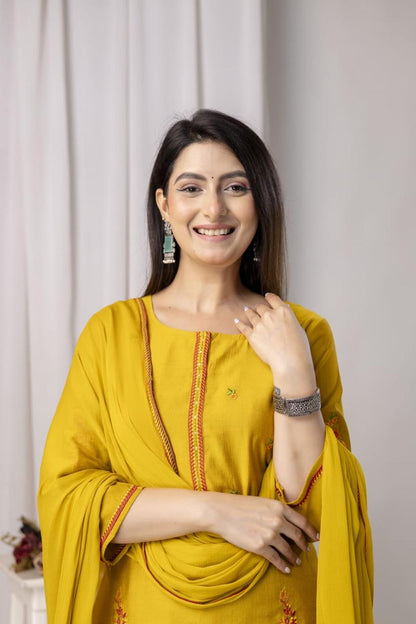 Mustard Yellow Straight-Cut Suit with Subtle Embroidery