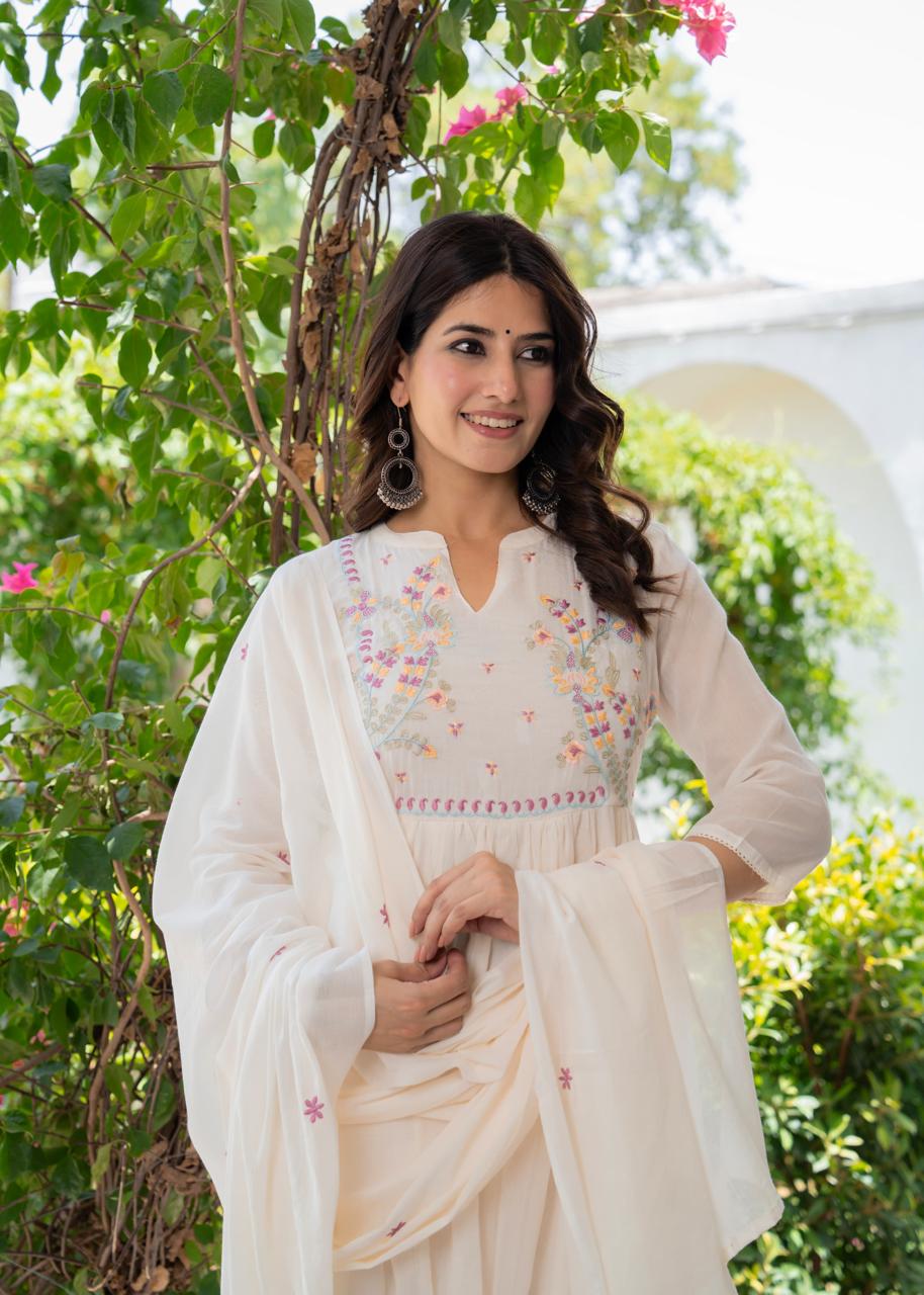 Elegant Off-White Anarkali Suit with Delicate Pastel Embroidery