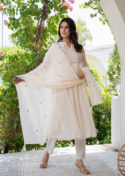 Elegant Off-White Anarkali Suit with Delicate Pastel Embroidery