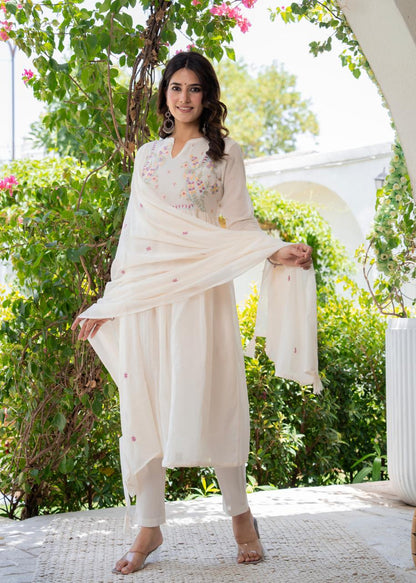 Elegant Off-White Anarkali Suit with Delicate Pastel Embroidery