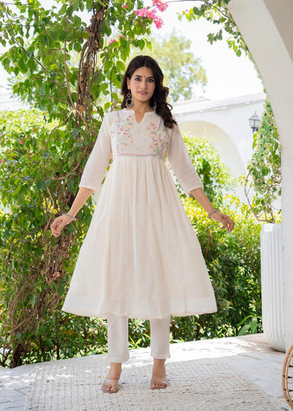 Elegant Off-White Anarkali Suit with Delicate Pastel Embroidery
