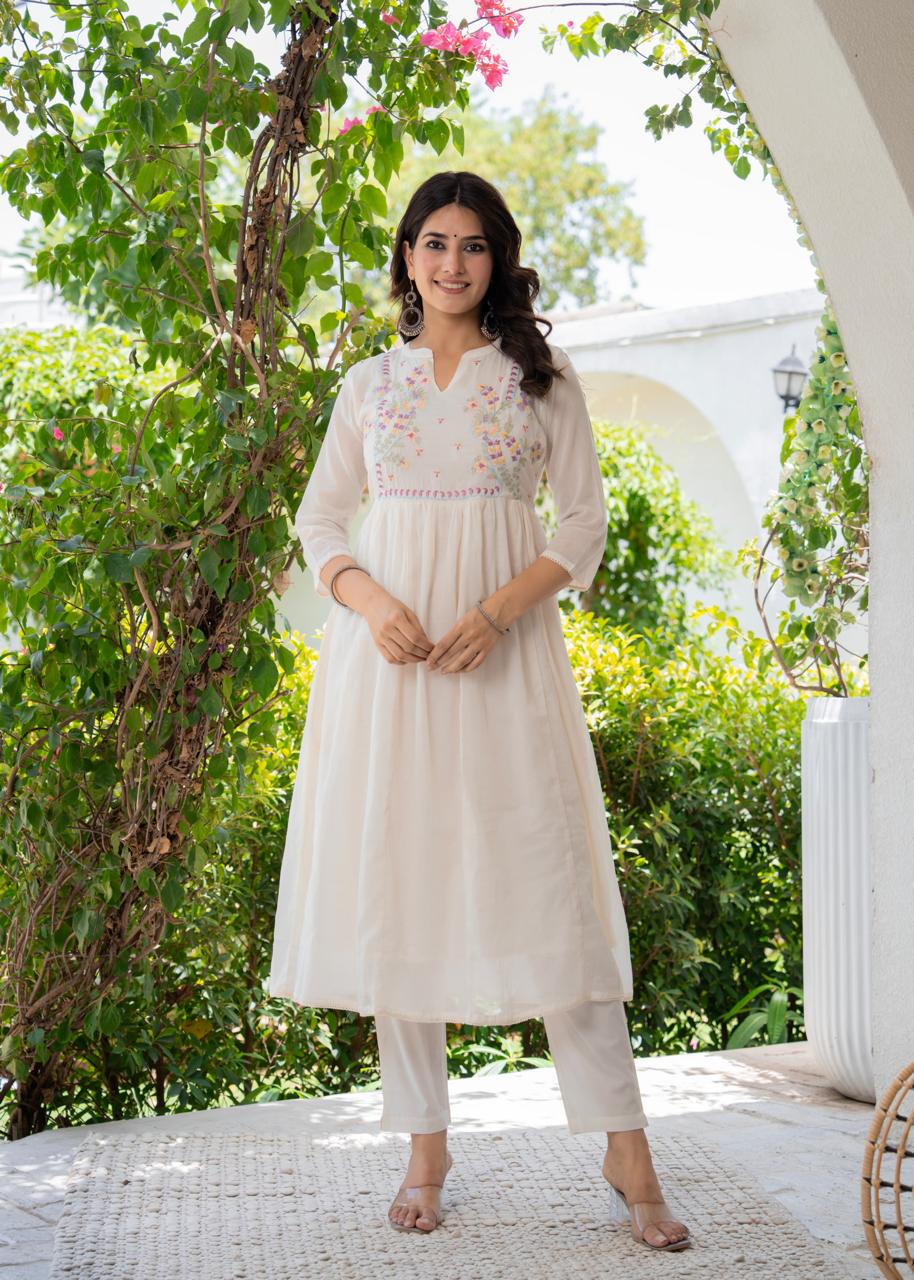Elegant Off-White Anarkali Suit with Delicate Pastel Embroidery