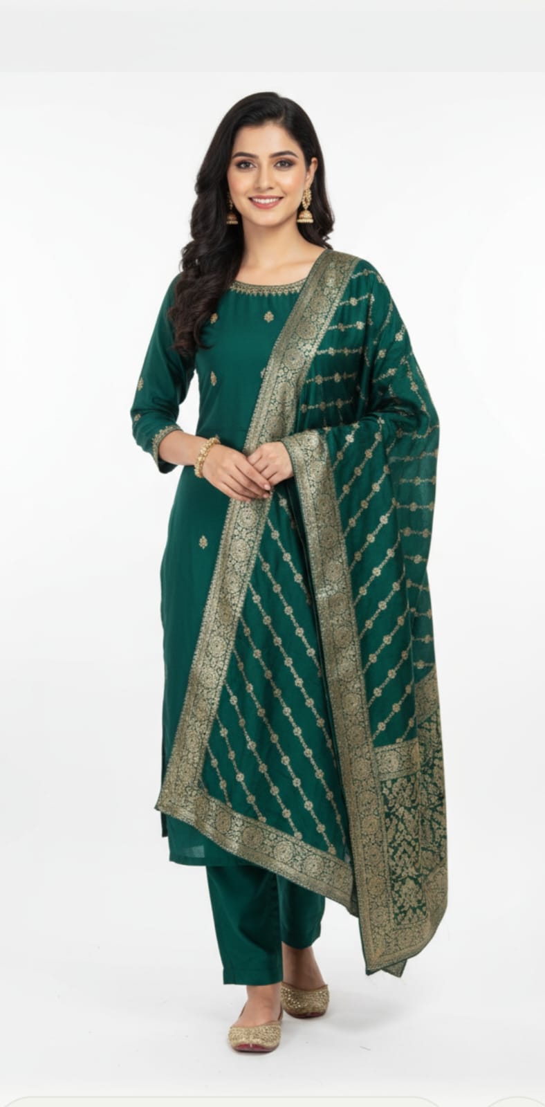 Pure Silk Fabric, Bottle Green Suit Set with Zari Heavy Dupatta.