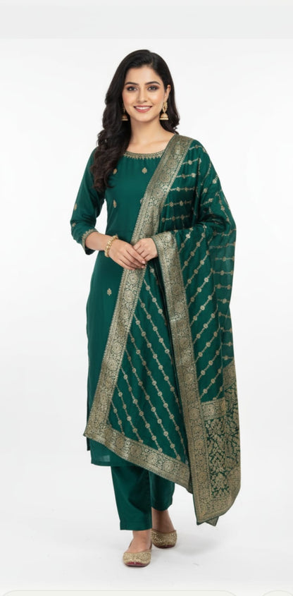 Pure Silk Fabric, Bottle Green Suit Set with Zari Heavy Dupatta.