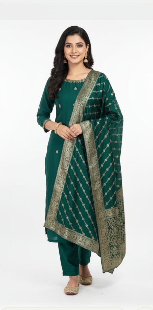 Pure Silk Fabric, Bottle Green Suit Set with Zari Heavy Dupatta.