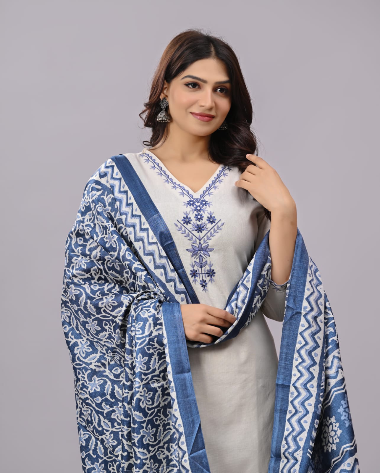 Elegant Ivory Cotton Suit with Blue Floral Embroidery and Indigo Printed Dupatta