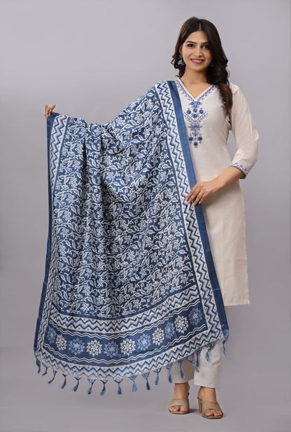 Elegant Ivory Cotton Suit with Blue Floral Embroidery and Indigo Printed Dupatta