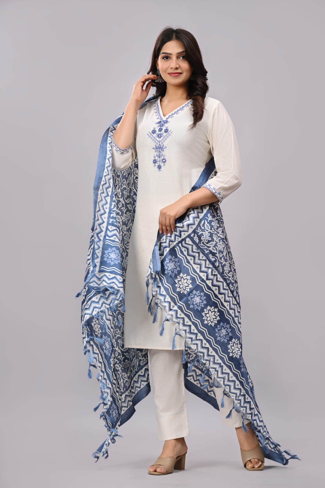 Elegant Ivory Cotton Suit with Blue Floral Embroidery and Indigo Printed Dupatta