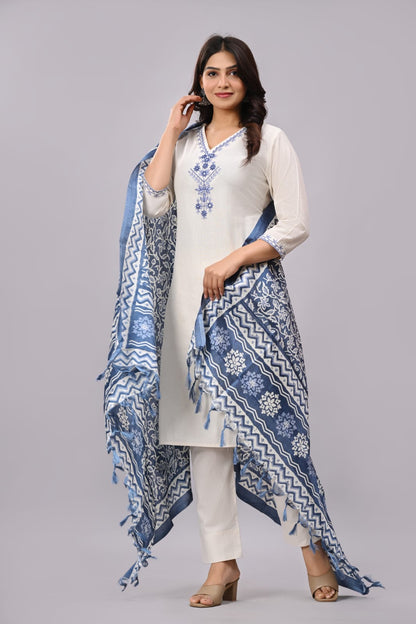 Elegant Ivory Cotton Suit with Blue Floral Embroidery and Indigo Printed Dupatta