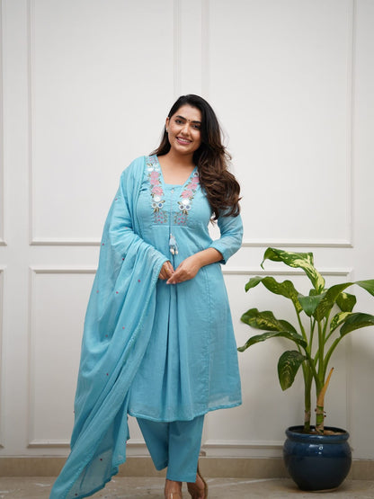 Sky Blue A-Line Kurta Set with Floral Embroidery and Dupatta