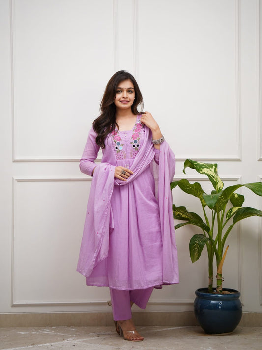 Sky Pink A-Line Kurta Set with Floral Embroidery and Dupatta