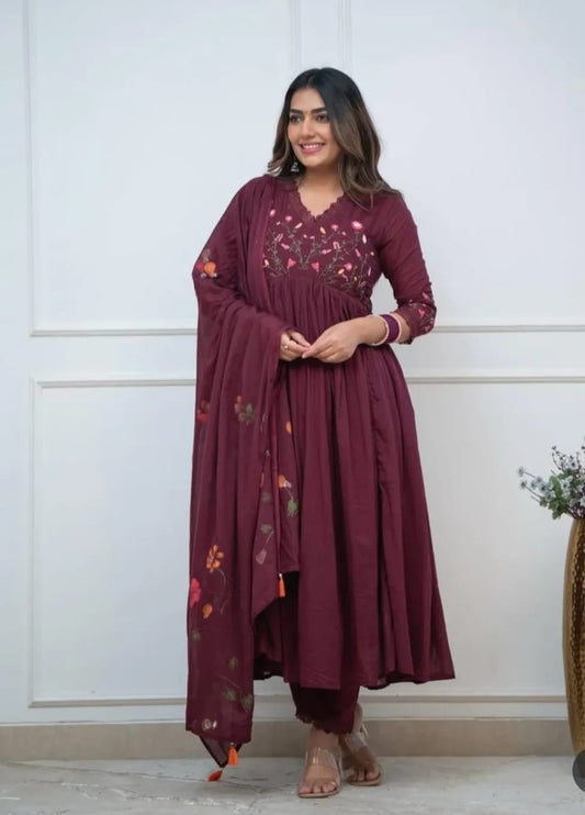 Maroon Cotton 3-Piece Suit with Elegant Embroidered Detailing
