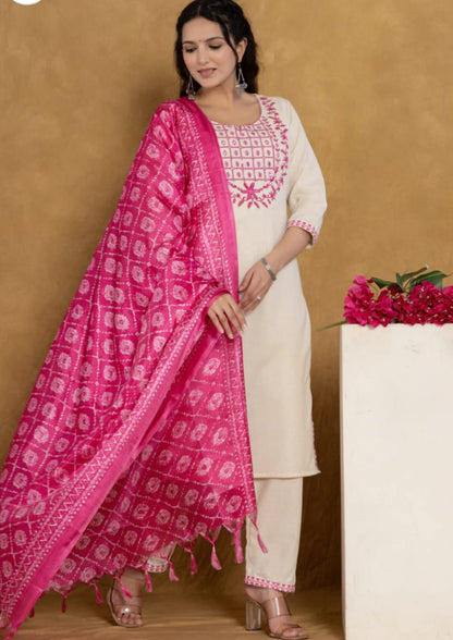 Pink Cotton Flex Straight Kurta with Pant and Dupatta