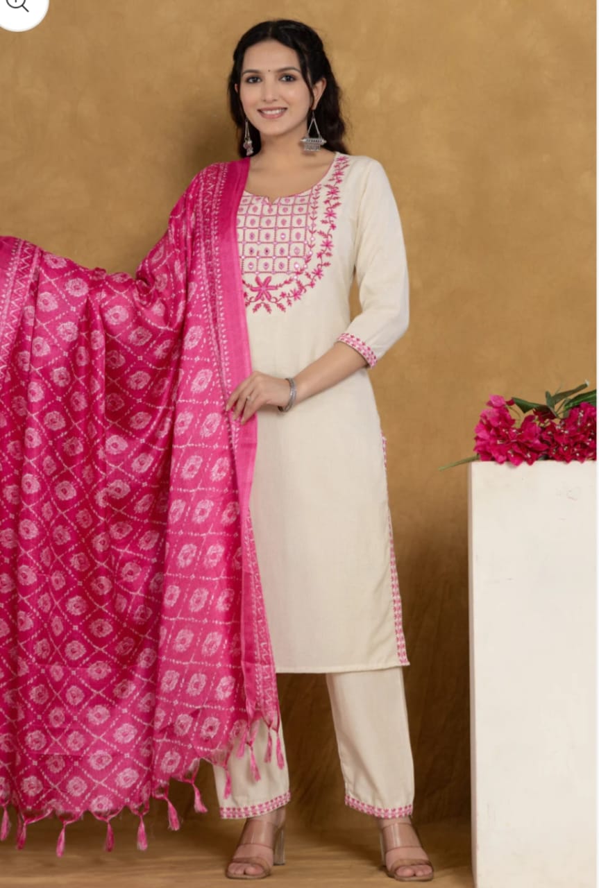 Pink Cotton Flex Straight Kurta with Pant and Dupatta