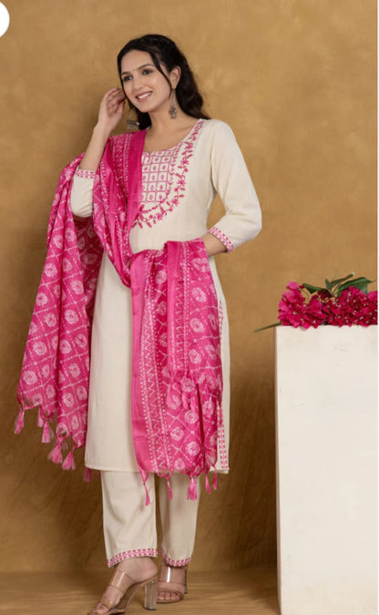Pink Cotton Flex Straight Kurta with Pant and Dupatta