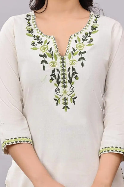 Elegant Ivory Cotton Suit with Green Floral Embroidery and Indigo Printed Dupatta
