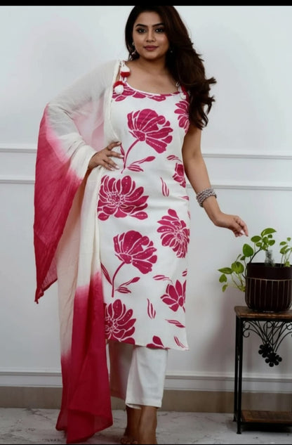 White Cotton Floral Print Suit with Ombre Pink Dupatta