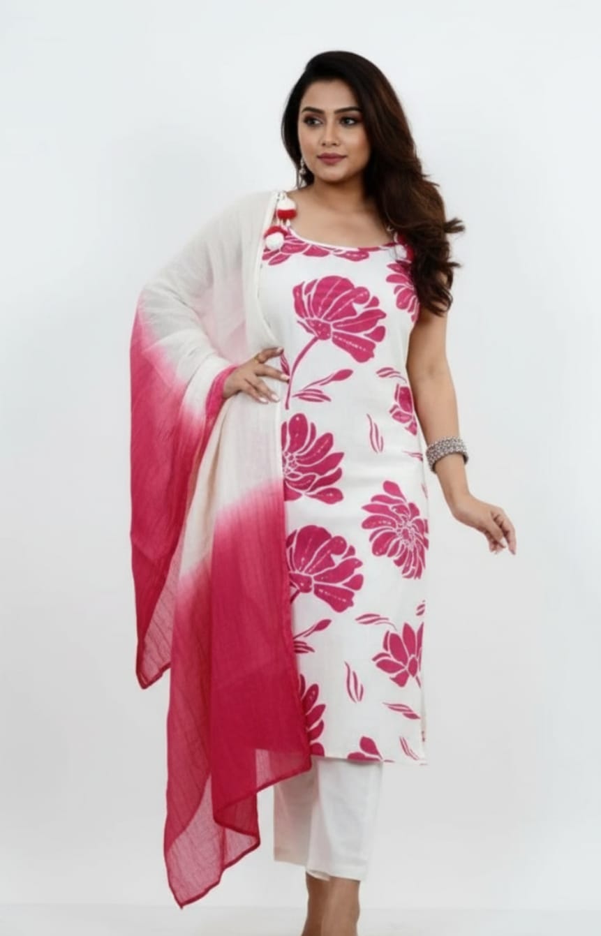 White Cotton Floral Print Suit with Ombre Pink Dupatta