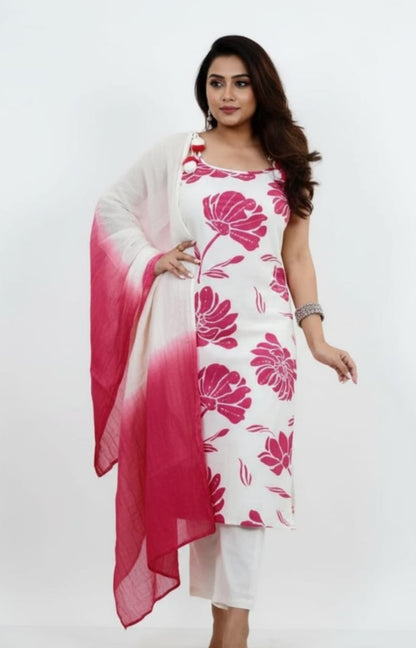 White Cotton Floral Print Suit with Ombre Pink Dupatta
